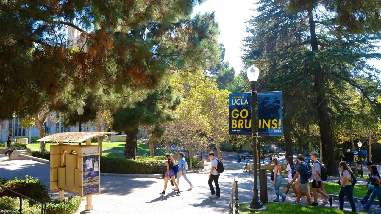 A group of students walks across Bruin Walk on a sunny day.